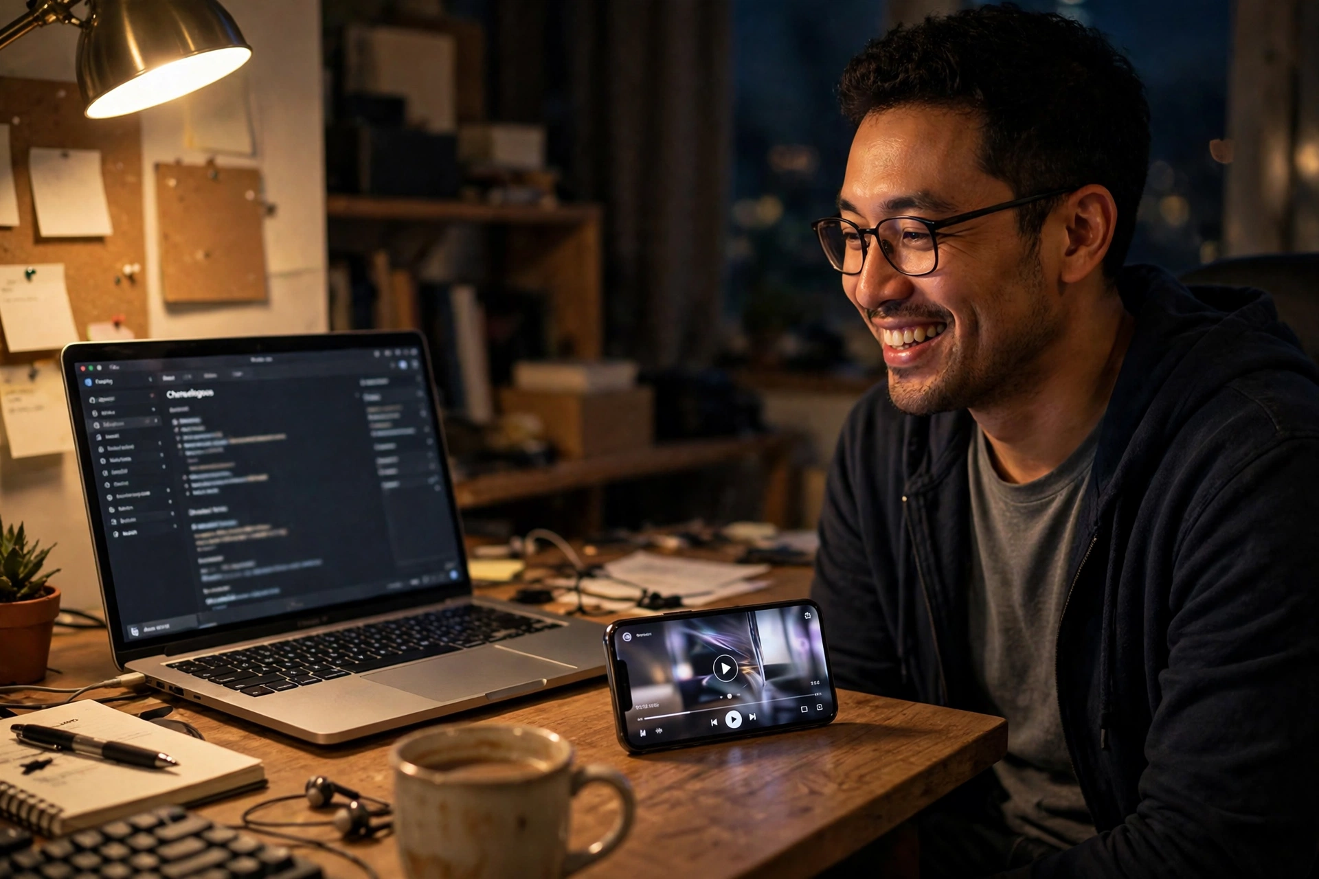 Solo founder watching a finished narrated demo video for their product launch on a phone at home