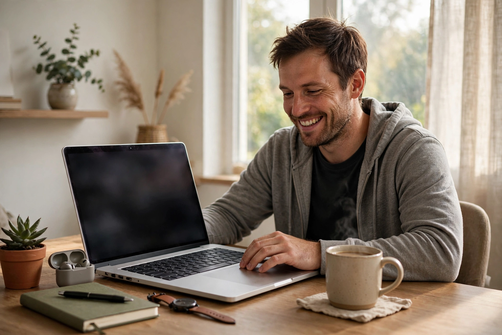 Solo founder posting a finished narrated launch video from a laptop, relaxed, on launch morning