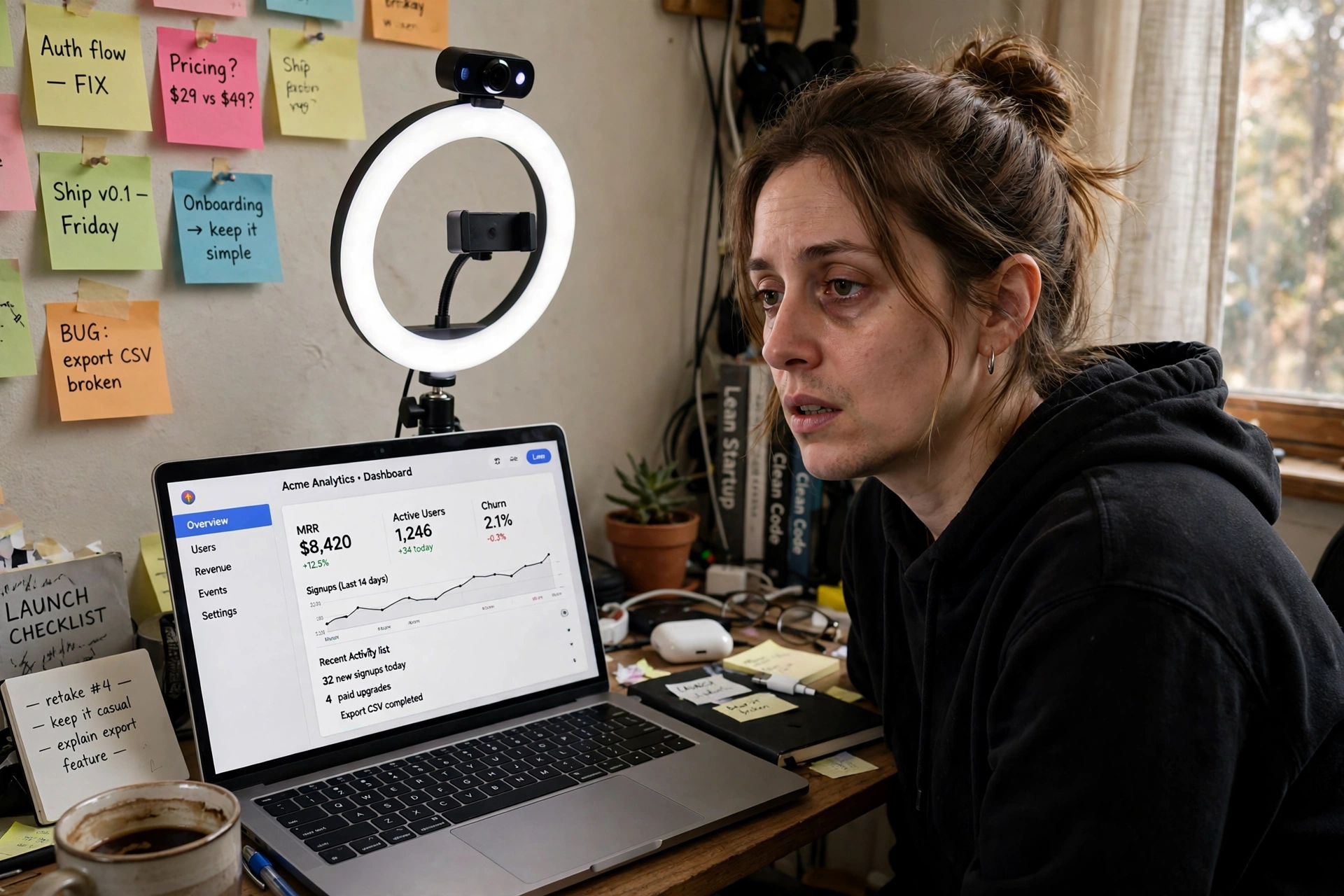 Solo founder recording a screen walkthrough at a desk, mid-retake, weighing a product demo video vs screen recording