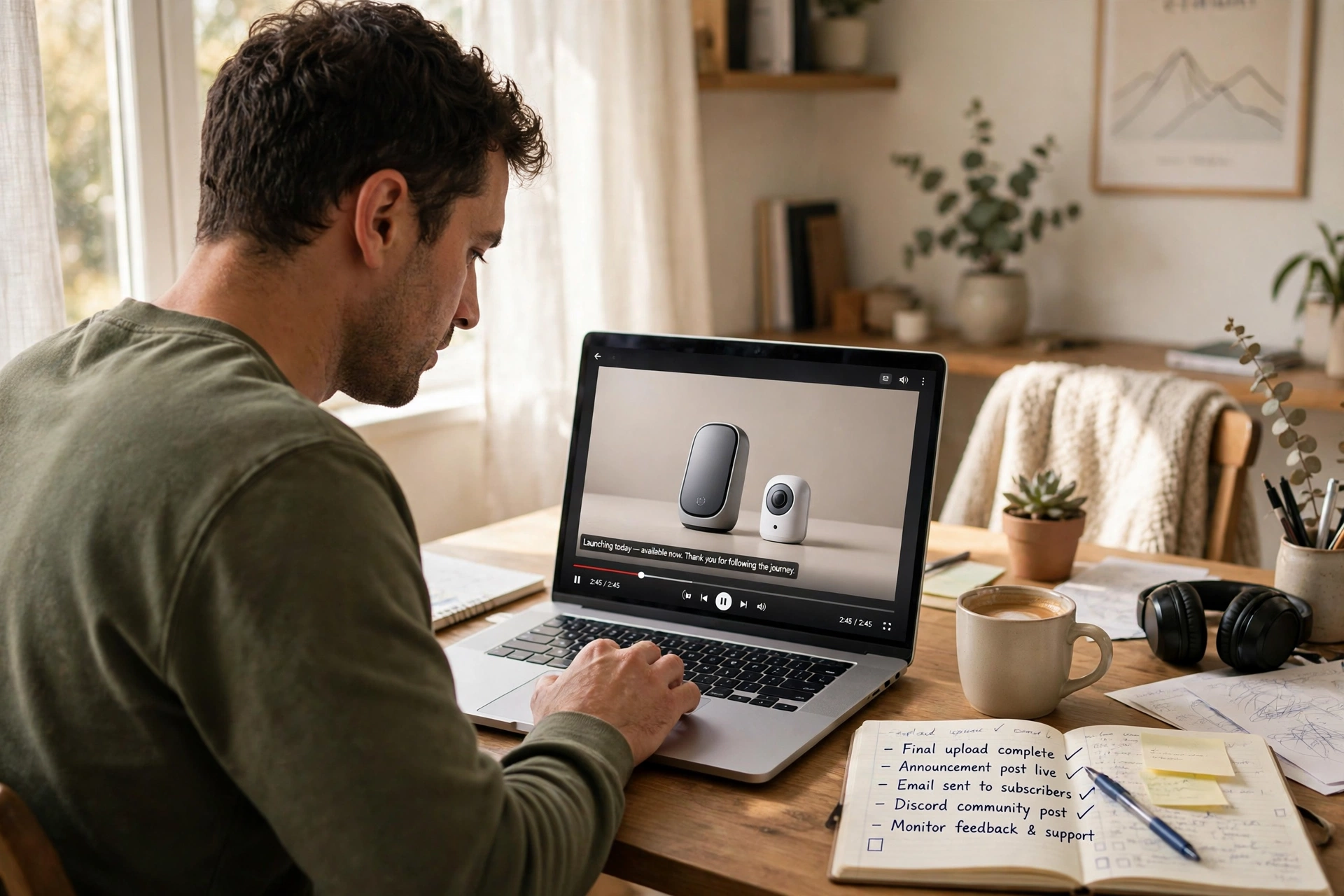 Solo founder posting a finished product launch video from a laptop in a home office on launch morning