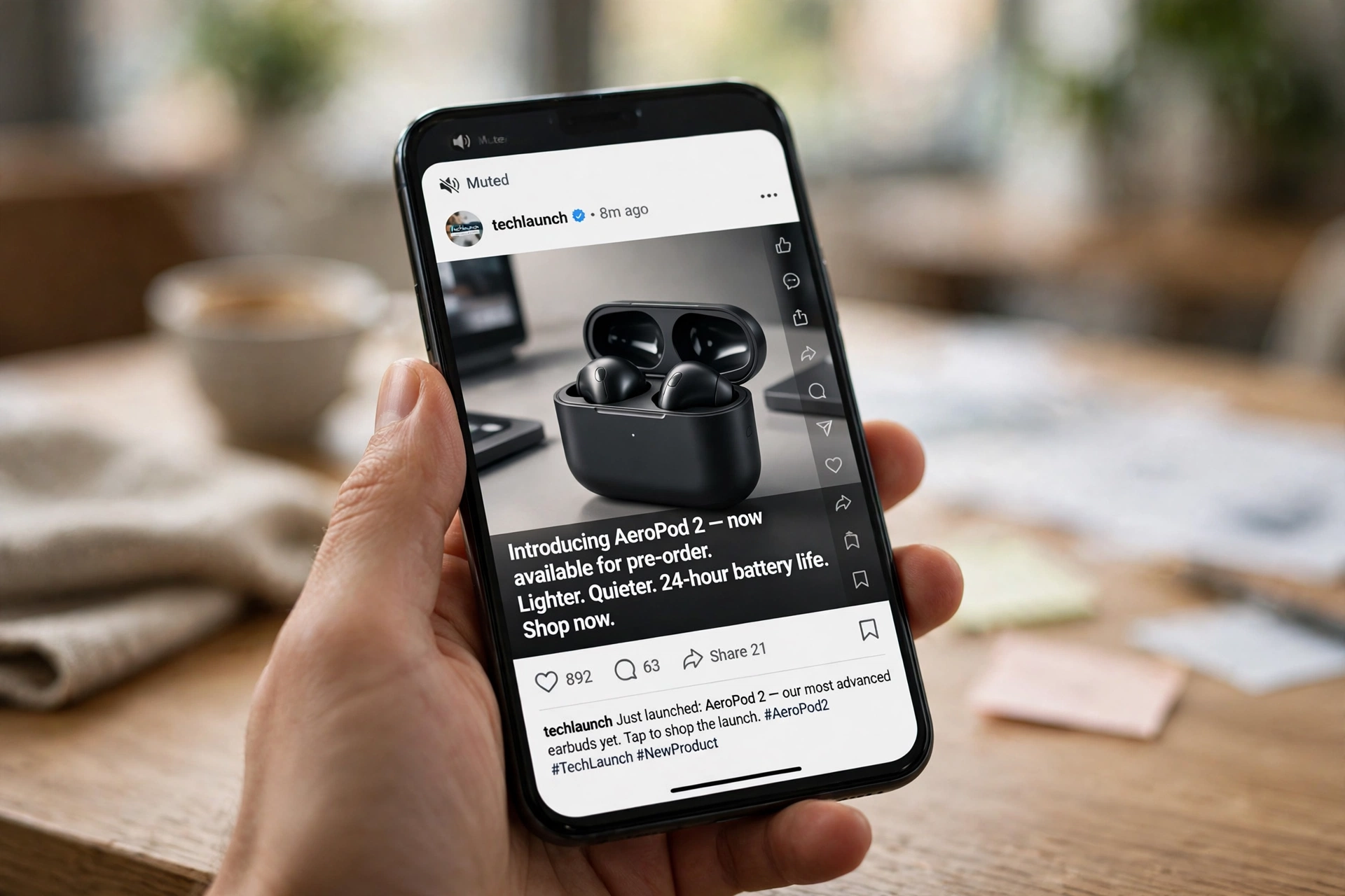 Phone playing a captioned product launch video in a social feed, the way most people will watch it on launch day