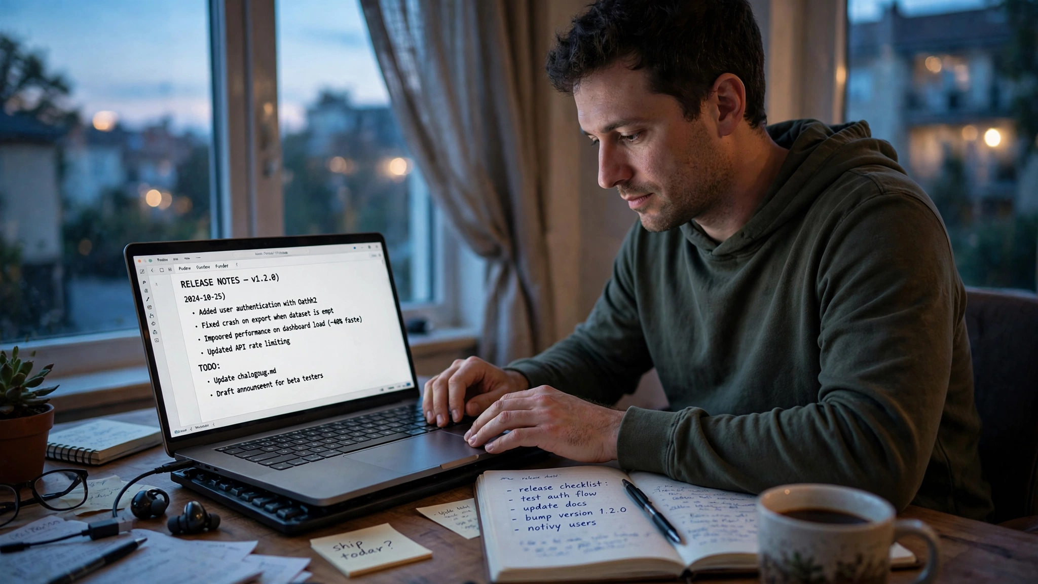 Solo founder writing release notes in a text editor at a home-office desk in the evening